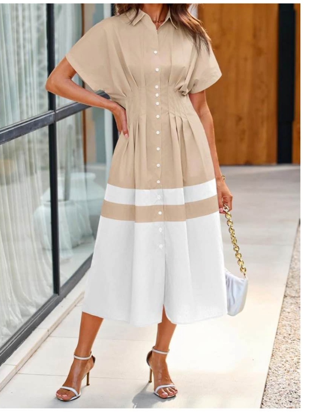Beige and White Button-Front Cotton Midi Dress. Size Large. NWT